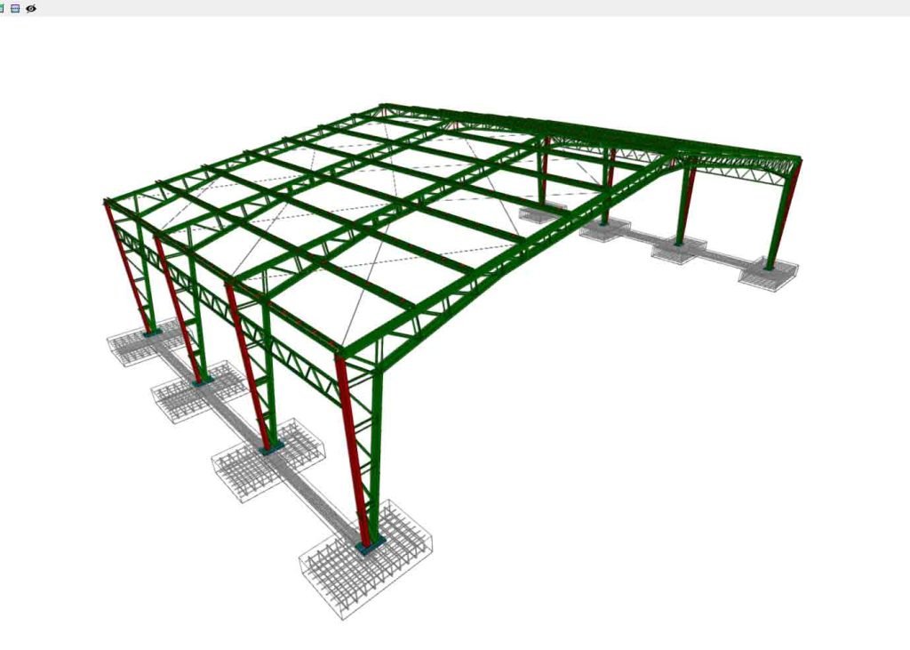 Modelo estructural 3D de nave industrial en perfiles metálicos