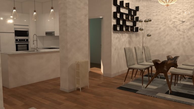 Render de cocina y comedor integrados